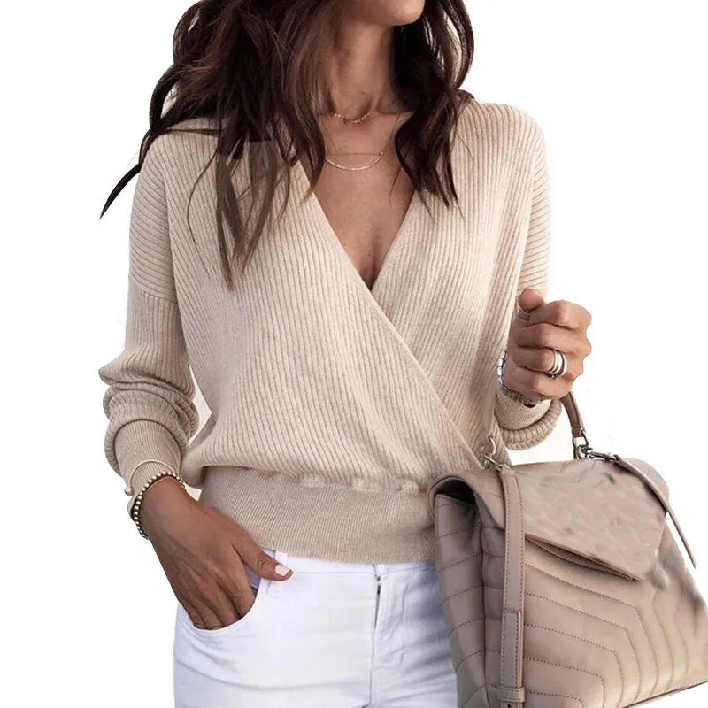 Фото Женский трикотажный пуловер с V-образным вырезом длинным рукавом | Женская одежда