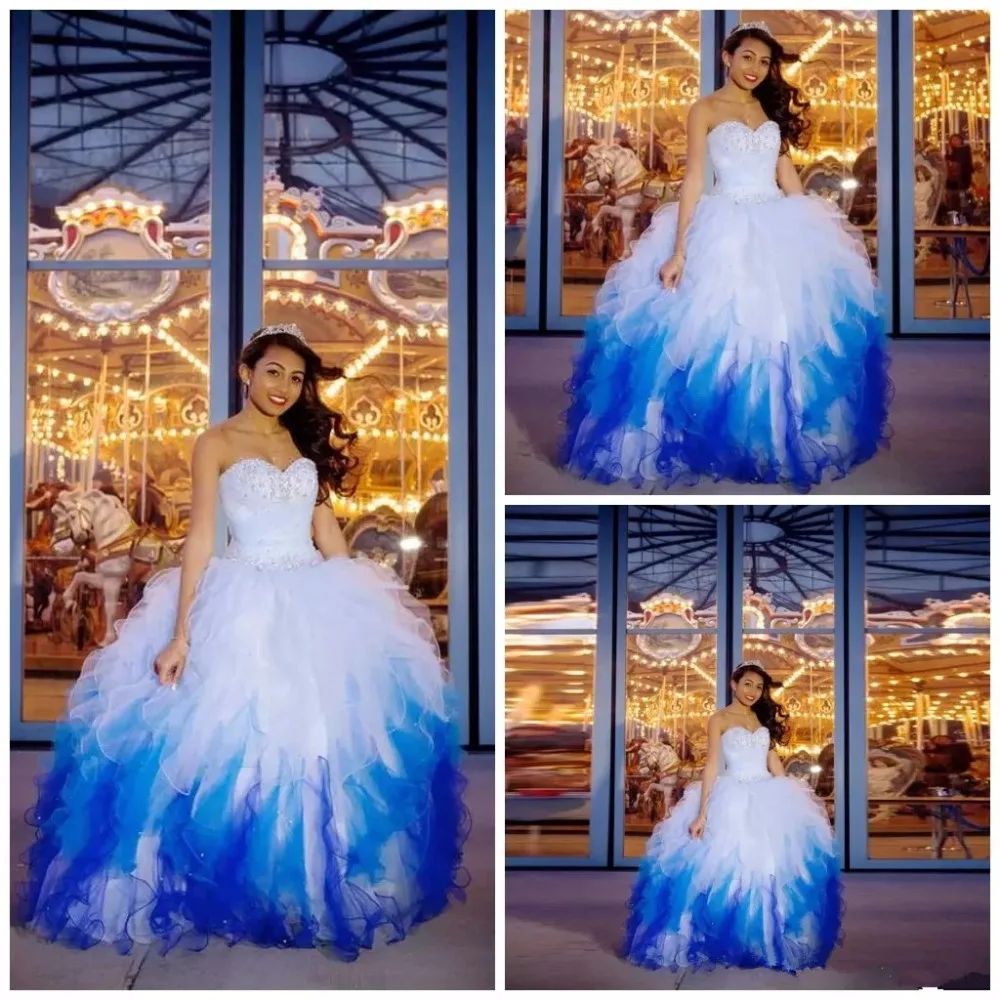 

Sequins Beaded Sweetheart Quinceanera Gowns Pretty Gradient Blue Cascading Ruffles Lace Up Prom Dress Puffy Tiered Ball Gown