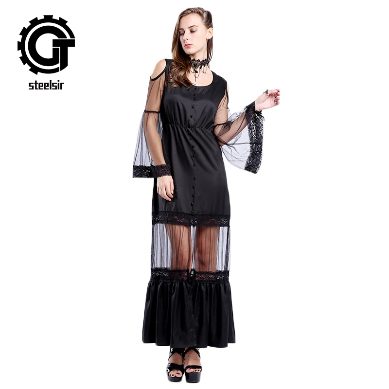 Spring New Fashion Women Punk Long Sleeves Dress Lace Splicing Off-shoulder Black Ankle Length Hollow Out Sexy Women Dress
Spring New Fashion Women Punk Long Sleeves Dress Lace Splicing Off-shoulder Black Ankle Length Hollow Out Sexy Women Dress