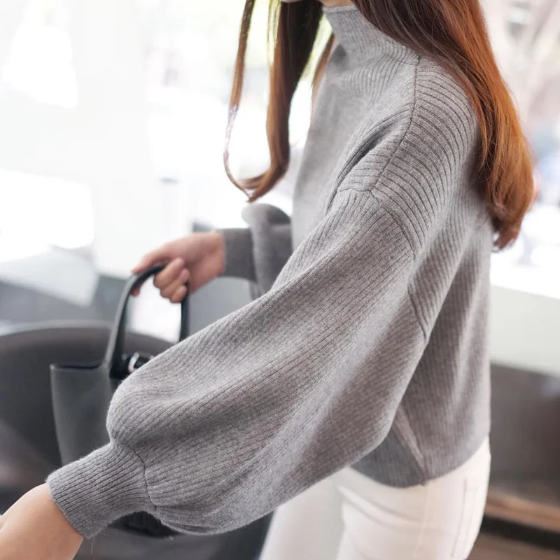 Женский трикотажный свитер Свободный пуловер с высоким воротом и рукавами