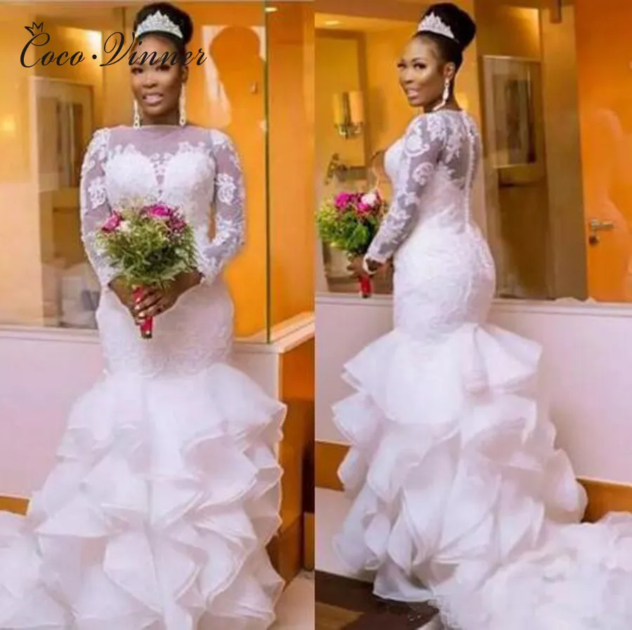 Long Sleeve Button Back Ruffles Tiered Mermaid Wedding Dress African White Color Plus Size Bride Marriage Wedding Dresses W0397
Long Sleeve Button Back Ruffles Tiered Mermaid Wedding Dress African White Color Plus Size Bride Marriage Wedding Dresses W0397