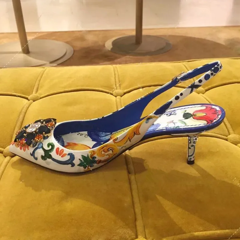 New 2019 retro print rhinestone pointed toe high heeled pumps Fashion women's vintage heels shoes EU35-41 size BY682 | Обувь