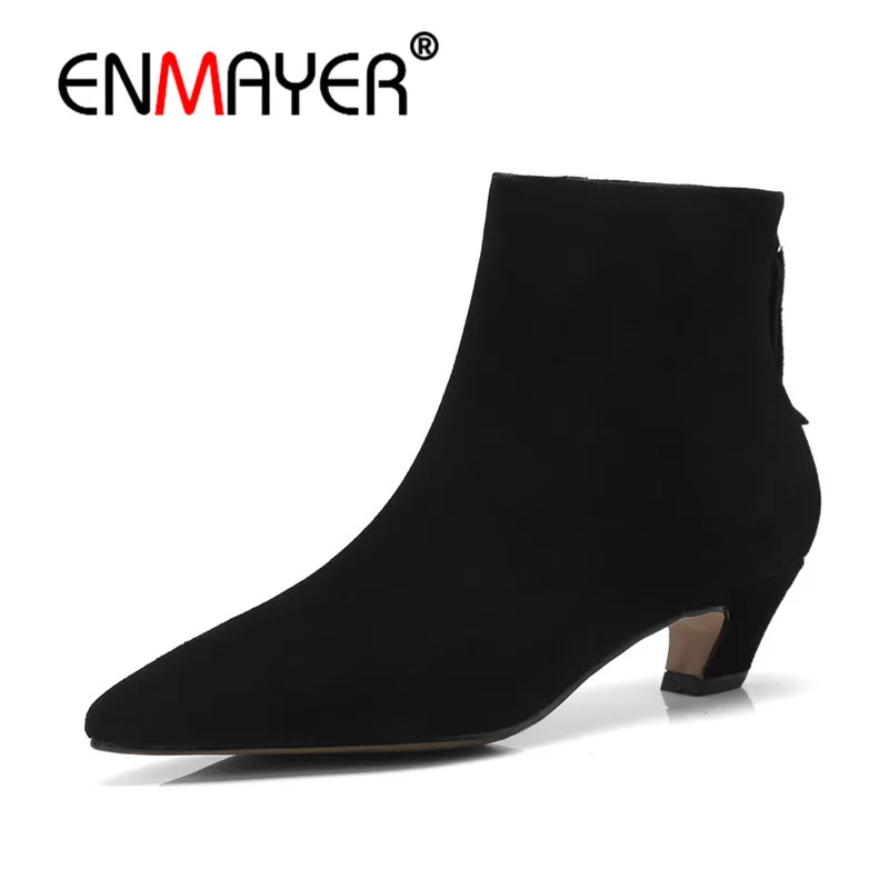 

Женские замшевые ботильоны Enmayer, повседневные ботинки из коровьей замши на среднем каблуке, на молнии, с острым носком, размеры 34-43, CR1081