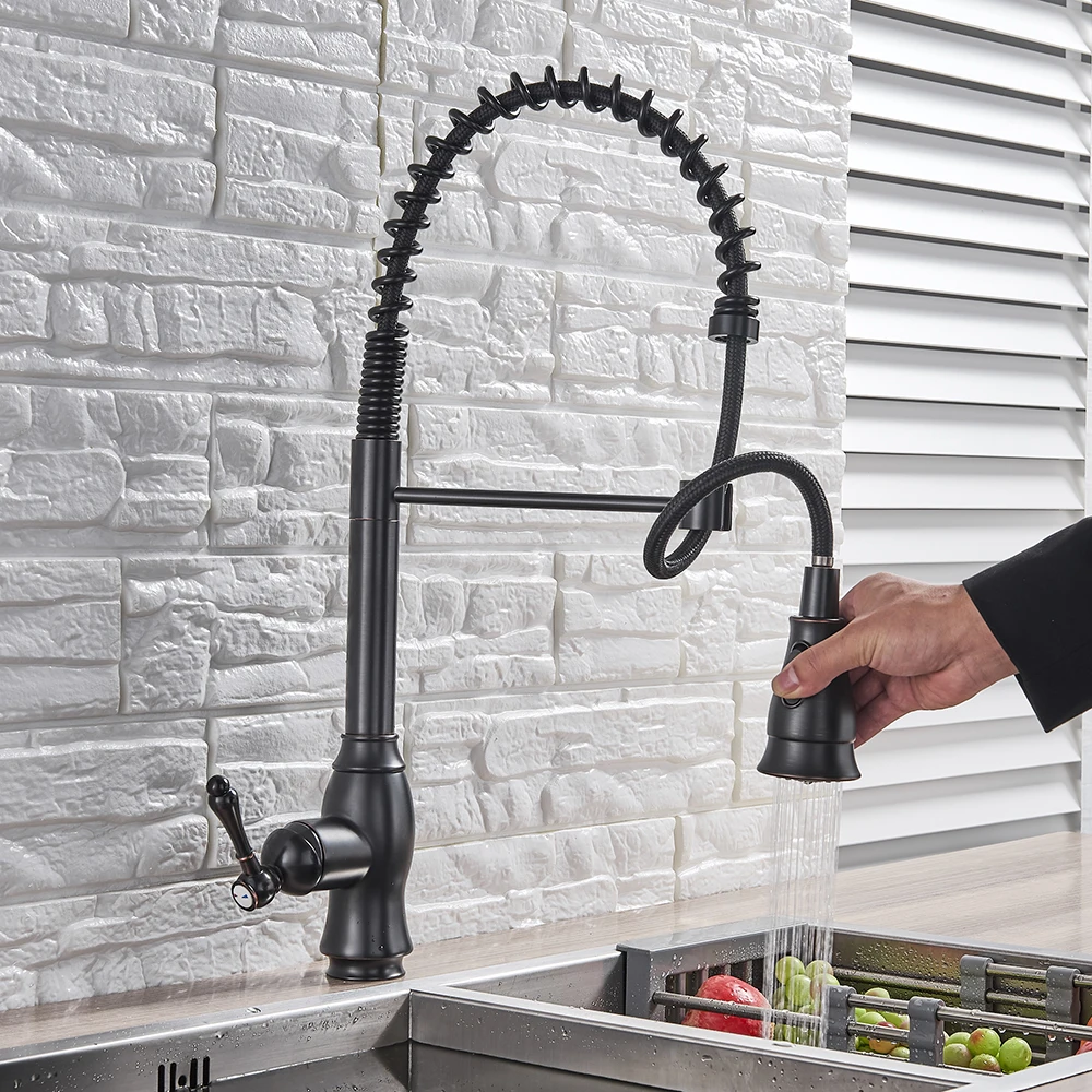 Black/Brushed Kitchen Faucet Deck Mounted Hot Cold Water Mixer for Spring Pull Down Crane 2 Function Spout | Обустройство дома