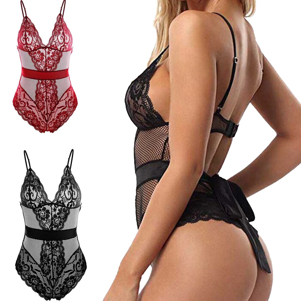 Womens Bodysuit Sleeveless Solid V-Neck Sexy Lace Up Bow Bandage Backless Lingerie Romper Summer Jumpsuit 2019 | Тематическая