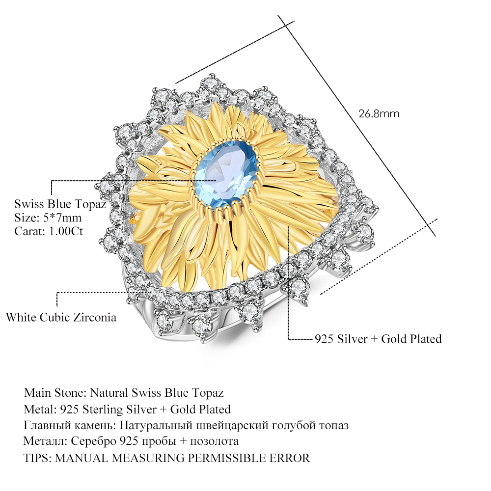 

GEM'S BALLET 925 Sterling Silver Handmade Gemstone Ring for Women 1.00Ct Natural Swiss Blue Topaz Sunflower Rings Bijoux Jewelry