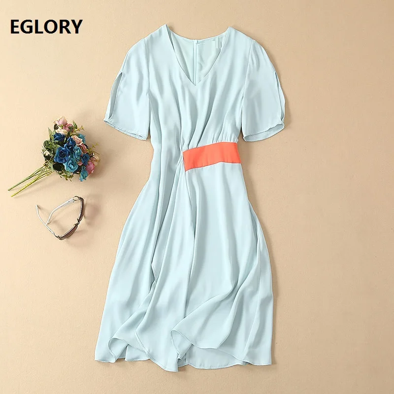 Top Quality Fashion Office Dress 2019 Summer Blue Dress Women V-Neck Color Block Waist Short Sleeve Soft Silk Dress Work Wear
Top Quality Fashion Office Dress 2019 Summer Blue Dress Women V-Neck Color Block Waist Short Sleeve Soft Silk Dress Work Wear