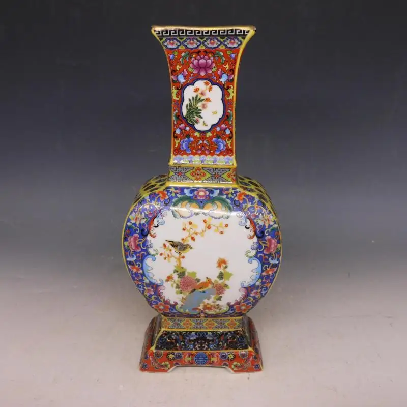 

7 фарфоровая ваза QingDynasty в античном стиле, эмалированная плоская бутылка для цветов и птиц, ручная работа, coltio & adornment, бесплатная доставка