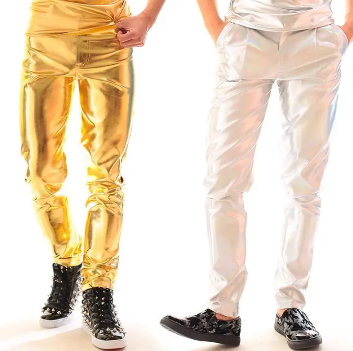 Stage personality men gold pants leather pant men feet trousers singer dance rock pantalon homme street silver style novelty
Stage personality men gold pants leather pant men feet trousers singer dance rock pantalon homme street silver style novelty