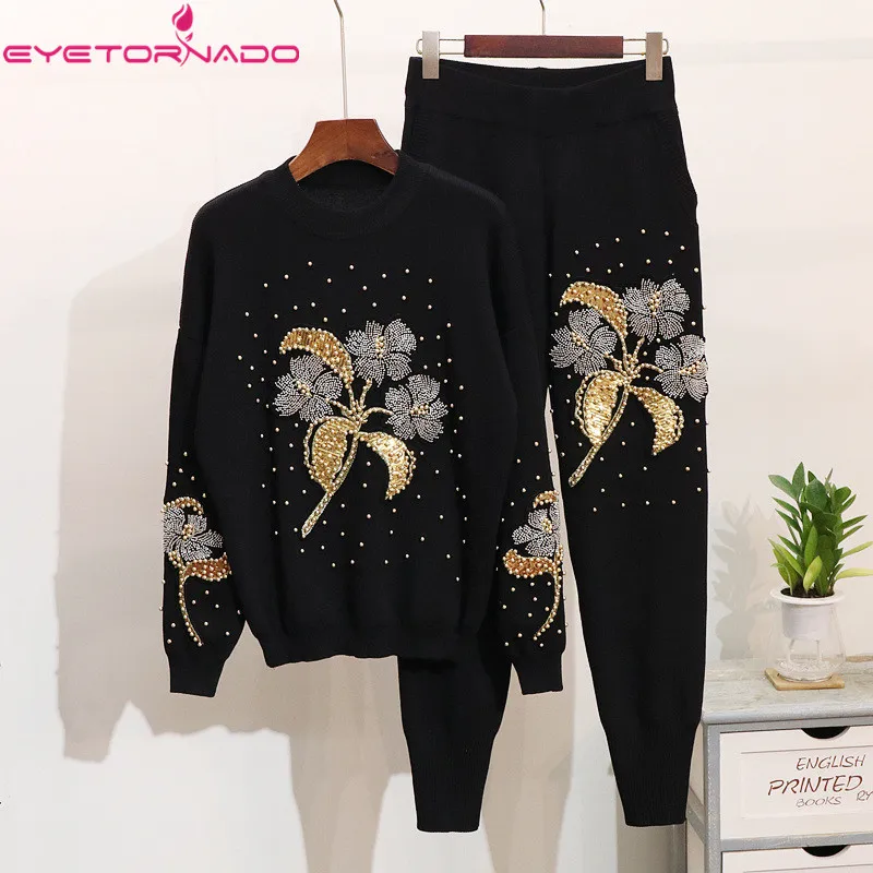 Women Top and Pant Set Flower Beadings Sequined Knitted Sweater Pullover Top + Long Pant Suit Sports Tracksuit Outfit E6688
Women Top and Pant Set Flower Beadings Sequined Knitted Sweater Pullover Top + Long Pant Suit Sports Tracksuit Outfit E6688