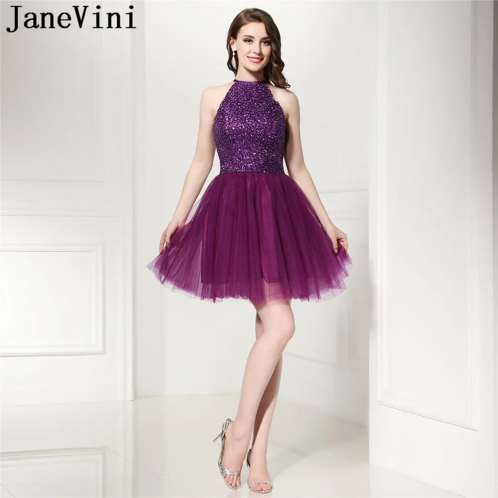 

JaneVini 2018 Elegant A Line Short Bridesmaid Dresses with Sequins Beaded O-Neck Backless Tulle Girls Homecoming Dress Plus Size