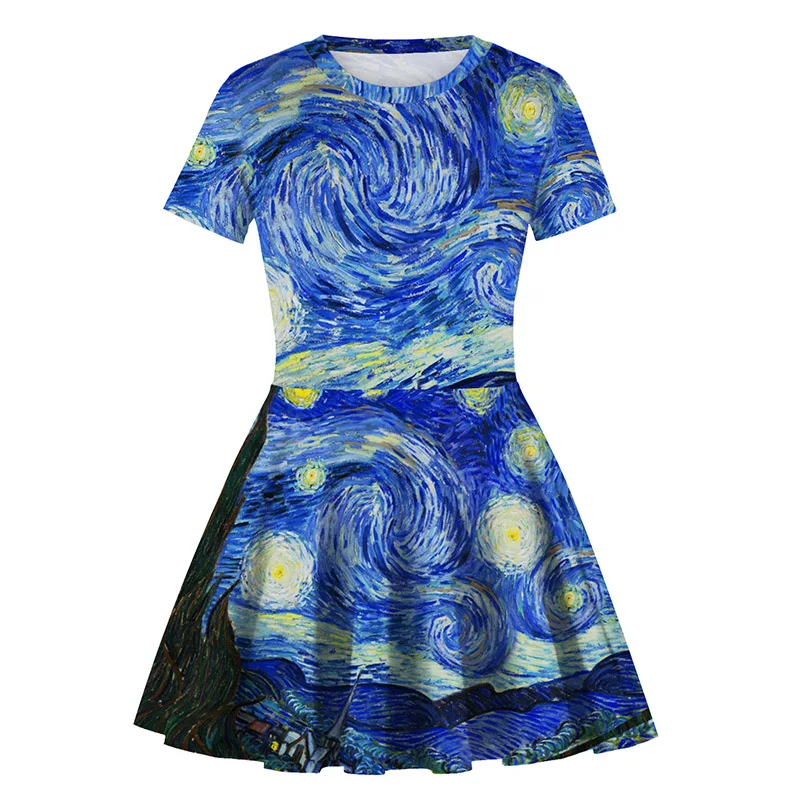 Мини-платье с высокой талией для девочек-подростков лето 2019 ван печать Ван Гога