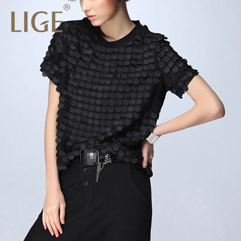 Фото LIGE 2XL PLUSwomen черная футболка Лоскутная с круглым вырезом короткий рукав Оверсайз