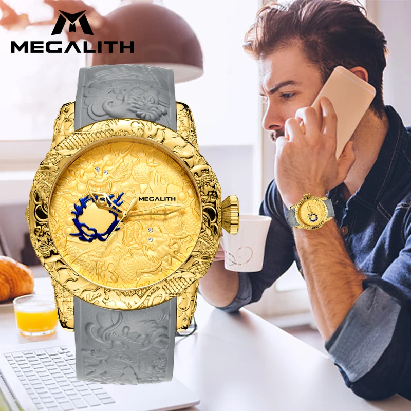 MEGALITH мужские часы Топ люксовый бренд 3D Золотой Дракон Скульптура кварцевые
