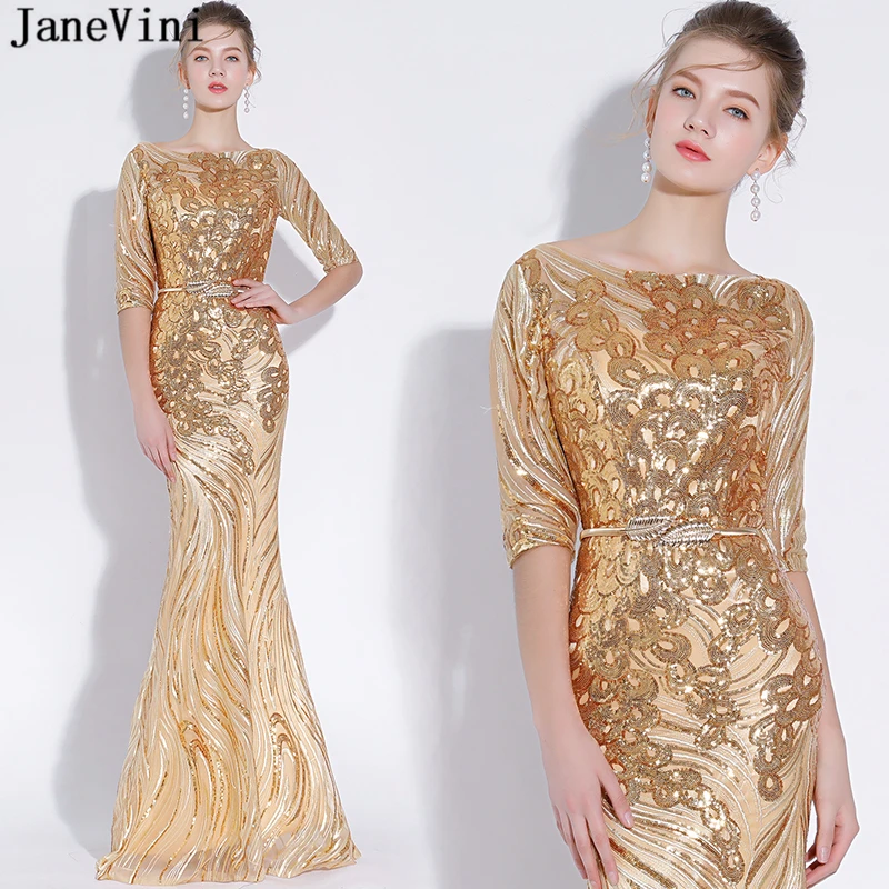 JaneVini Sparkly Mermaid Sequins Gold Long Bridesmaid Dresses with Sashes Scoop Neck Half Sleeve Illusion Sexy Formal Prom Gowns
JaneVini Sparkly Mermaid Sequins Gold Long Bridesmaid Dresses with Sashes Scoop Neck Half Sleeve Illusion Sexy Formal Prom Gowns
