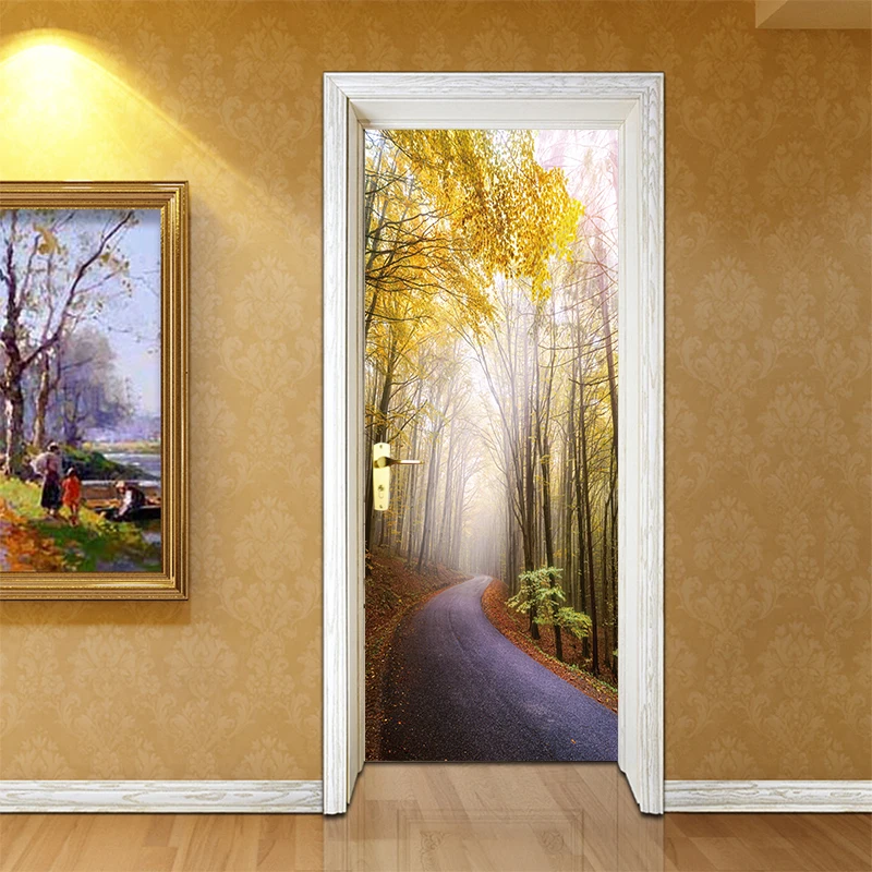 

3D Effec Art Doors sticker Forest Path Scenery Oil Painting Door Bedroom Living Room Corridor Door Decorative PVC Wall Stickers