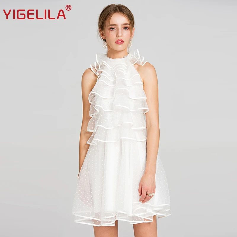 YIGELILA 2019 Latest Summer Women Fashion Sexy Halter Off Shoulder Ruffles A-line Slim White Mesh Mini Dress 62908 | Женская одежда