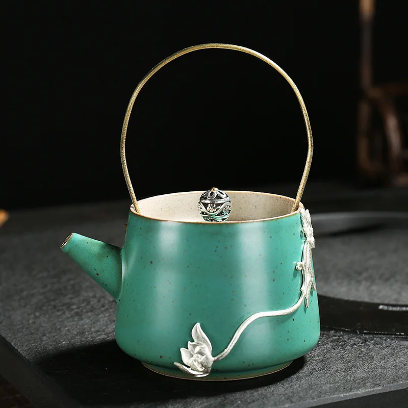 

Jingdezhen ceramic silver trim beam pot handmade rough pottery tea set Kung Fu Pu'er tea set