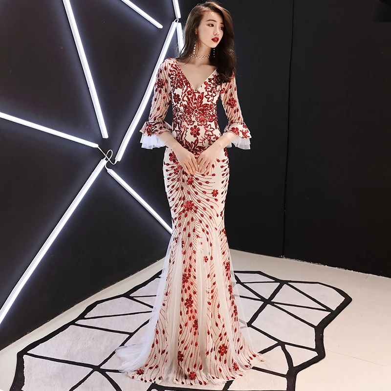 2021 Sexy V Neck Mermaid Evening Gown Half Sleeves Red And White Sequins Long Evening Dresses LF174
2021 Sexy V Neck Mermaid Evening Gown Half Sleeves Red And White Sequins Long Evening Dresses LF174