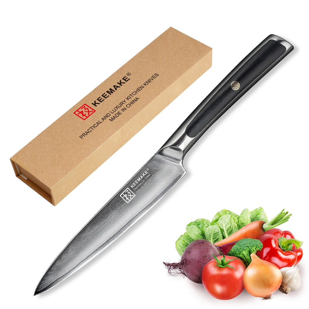 KEEMAKE 5" inch Utility Kitchen Knives Chef Knife Japanese Damascus VG10 Steel Blade Sharp 60HRC G10 Handle Fruit Cutter Tools
KEEMAKE 5" inch Utility Kitchen Knives Chef Knife Japanese Damascus VG10 Steel Blade Sharp 60HRC G10 Handle Fruit Cutter Tools
