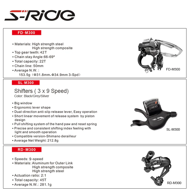 S-Ride M300 Series Cycling Mountian Bike 3 x 9 Speed Front / Rear Derailleur + Trigger Shifter Compatible SHIMANO Bicycle Parts
S-Ride M300 Series Cycling Mountian Bike 3 x 9 Speed Front / Rear Derailleur + Trigger Shifter Compatible SHIMANO Bicycle Parts