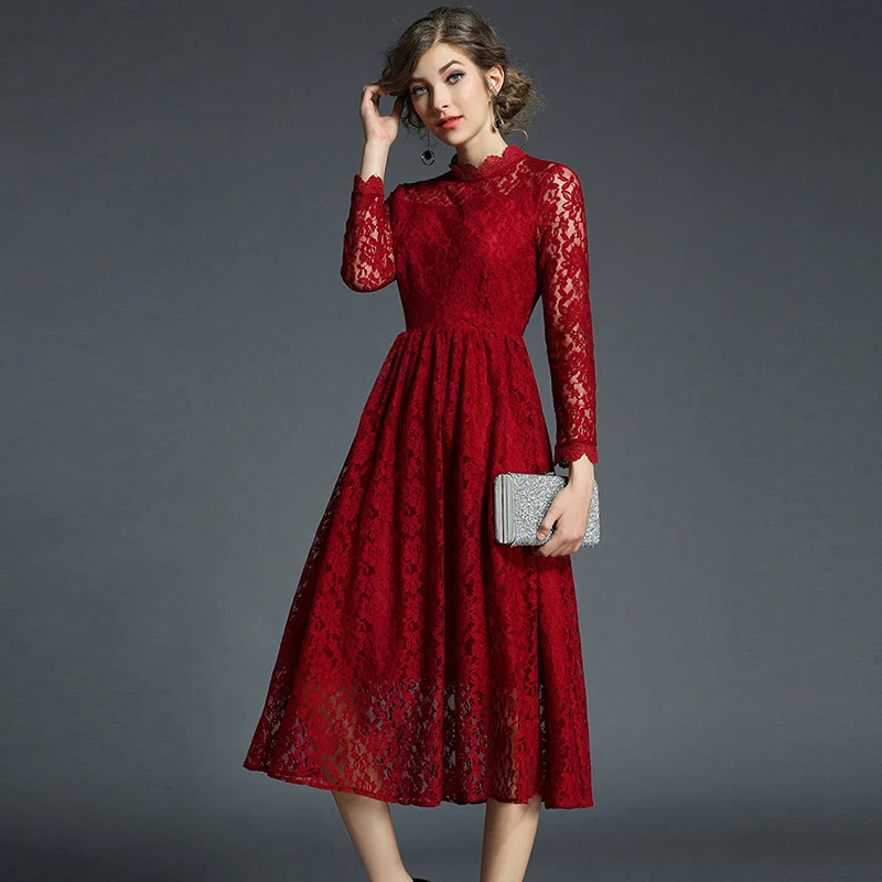 autumn women new Elegant red lace print dress female Stand-neck Full Sleeve A-Line long dresses office lady party Dress
autumn women new Elegant red lace print dress female Stand-neck Full Sleeve A-Line long dresses office lady party Dress