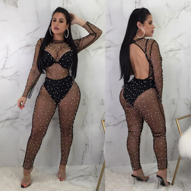 

Fashion Design Pearl Beading Decorated Mesh Jumpsuits Long Sleeve Perspective Women Slim Playsuit Sexy Backless Female Overalls