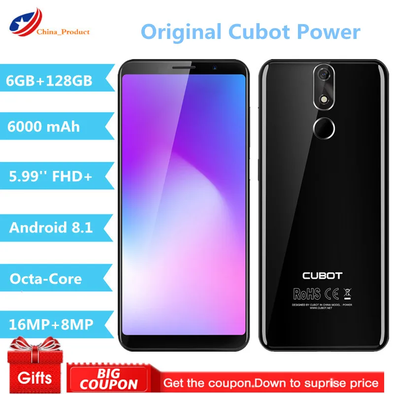 In Stock Cubot Power 6GB 128GB Android 8.1 MT6763T(Helio P23) Octa Core 5.99'' FHD+ 6000mAh Smartphone 16.0MP+8MP Celular 4G LTE |