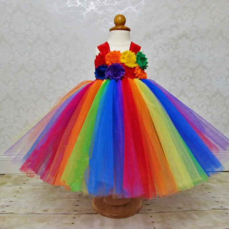 

Rainbow Color Tutu Long Dress Baby Girls Crochet Tulle Dress Ball Gown with Shabby Flowers Children Wedding Party Costumes Dress