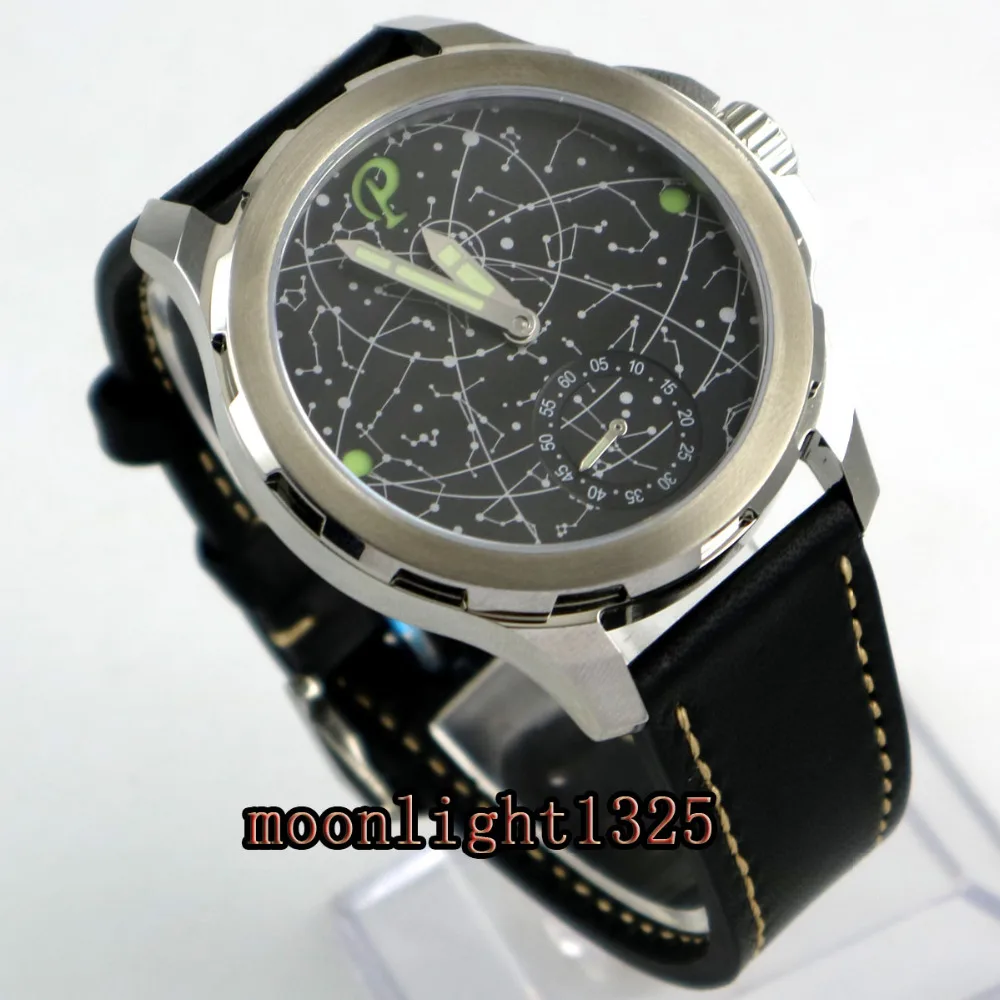 

2017 new arrive 44mm mens parnis constellation steel Case Leather Sapphire glass Luminous 6498 hand Winding uhr Watch