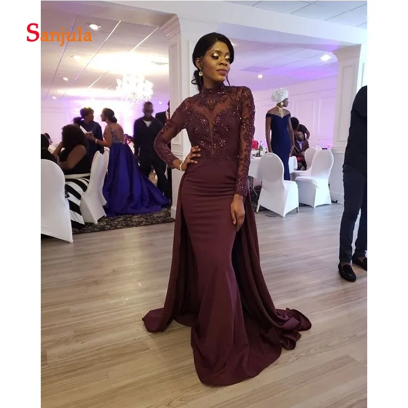 High Neck Mermaid Evening Dresses Burgundy Jersey African Formal with Sleeve Appliques Beaded Back Train caftan D669 | Свадьбы и