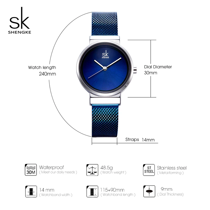 Shengke Роскошные Синие часы из нержавеющей стали женские модные кварцевые для Reloj