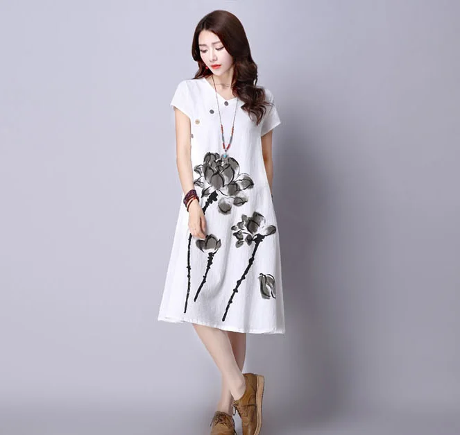 Loose Cozy Women Summer Casual Dress New 2021 Fashion Lotus Pattern Print Short Sleeve Cotton Linen Comfortable Long Dresses #15 | Женская