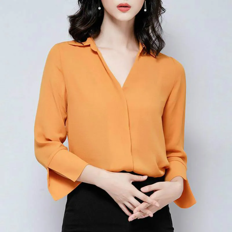 Spring Summer Fashion Office Lady Women V Neck Flare Sleeve Chiffon Blouse , Elegant Woman Female Slim Orange Cardigan Blouses
Spring Summer Fashion Office Lady Women V Neck Flare Sleeve Chiffon Blouse , Elegant Woman Female Slim Orange Cardigan Blouses