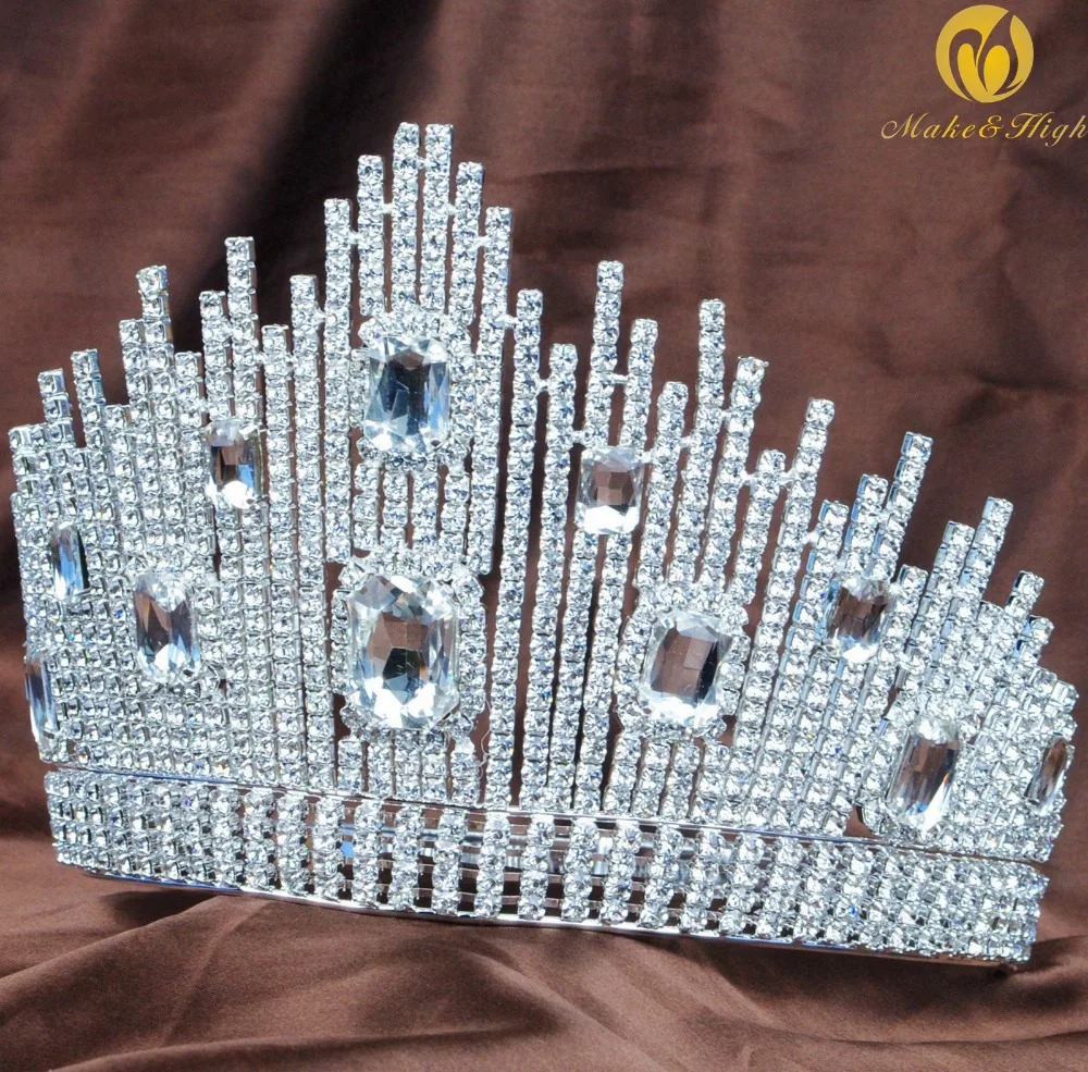 

Miss Pageant Large Tiara Hair Brides Crown Handmade Clear Crystal Austrian Rhinestone Women Headpiece Bridal Party Accessories
