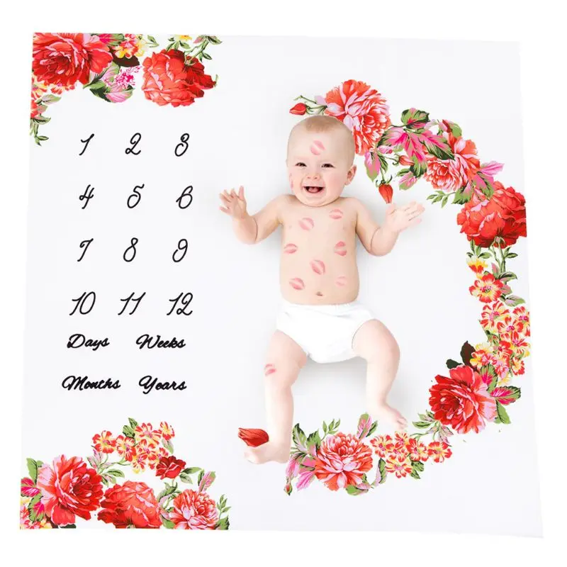 Newborn Baby Milestone Number Flower Pattern Mat Blanket Photography Background Backdrop Cloth