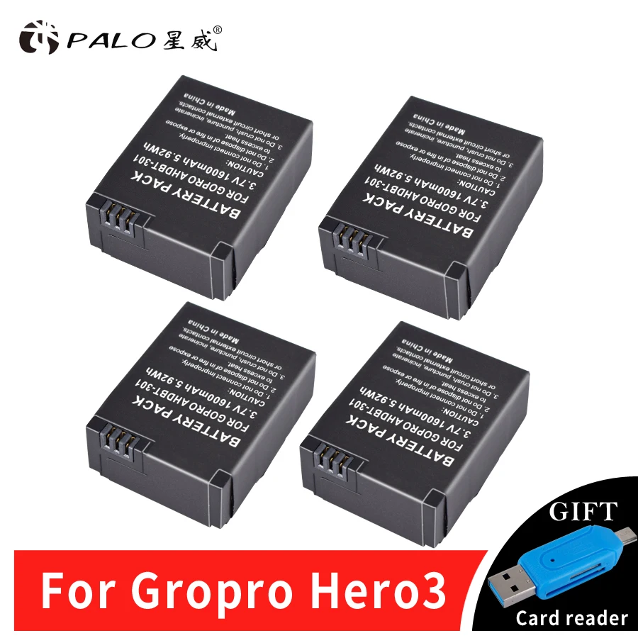 Palo battery 4Pcs 1600mAh AHDBT-301 Li-ion Barrery For GoPro Hero3 Rechargeable Digital Battery For GoPro Hero 3 Hero 3+ camera
Palo battery 4Pcs 1600mAh AHDBT-301 Li-ion Barrery For GoPro Hero3 Rechargeable Digital Battery For GoPro Hero 3 Hero 3+ camera