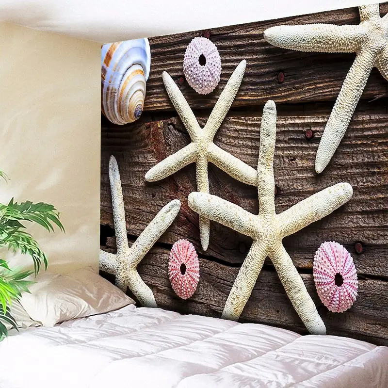 

Wood Tapestry Wall Hanging Hippie Starfish Decorative Wall Tapestry Bohemian Fabric Boho Wall Cloth Nordic Nautical Home Decor