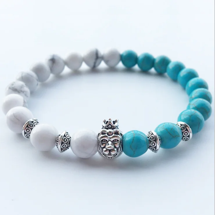 New Design Fashion 8mm Natural Blue White Howlite Beads with Alloy Crown Lion Head Bracelet Men's Gift Jewelry
New Design Fashion 8mm Natural Blue White Howlite Beads with Alloy Crown Lion Head Bracelet Men's Gift Jewelry