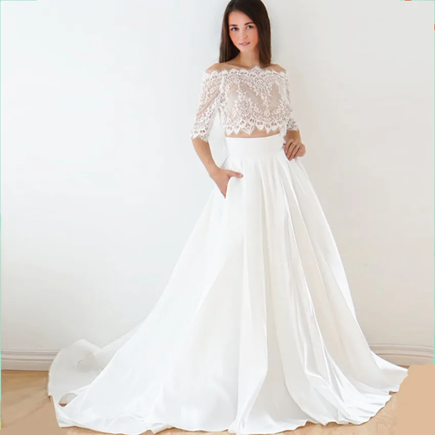 Luxury A-line Ivory satin two pieces Wedding Dresses half sleee boat neck 2021 lace Off Shoulder Bridal Gowns Vestido De Noiva
Luxury A-line Ivory satin two pieces Wedding Dresses half sleee boat neck 2021 lace Off Shoulder Bridal Gowns Vestido De Noiva
