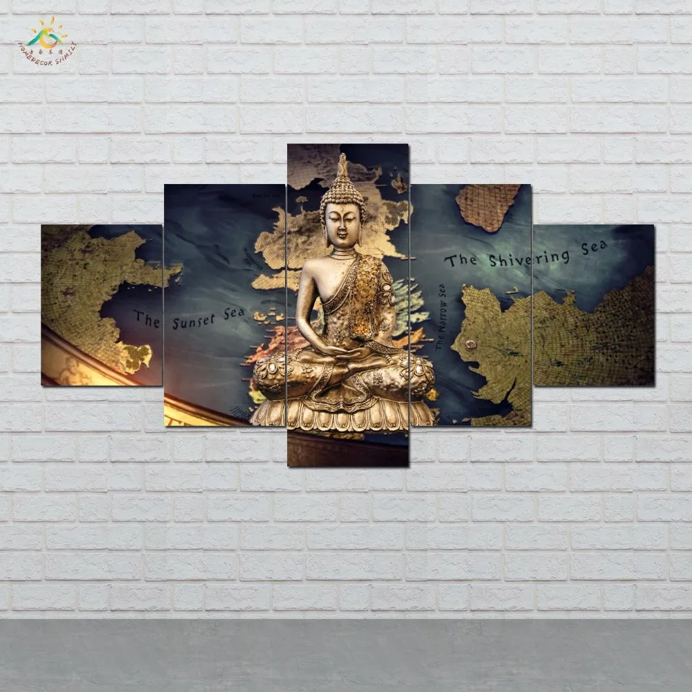 

Buddha World Map Wall Art HD Prints Canvas Art Painting Modular Picture And Vintag Poster Canvas Painting Home Decor 5 PIECES