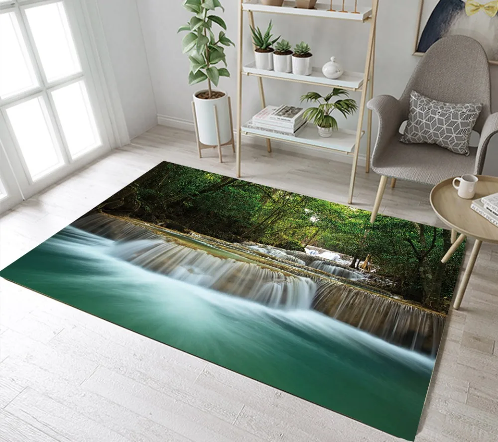 

Home Children's Room Floor Cushion Kitchen Area Rugs Bathroom Carpets Non-Slip Mat Green Forest Waterfall Lake Natural Scenery