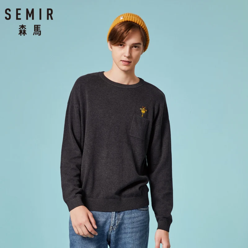 Фото Мужской свитер с вышивкой SEMIR из 100% хлопка нагрудным карманом ребристый весенний