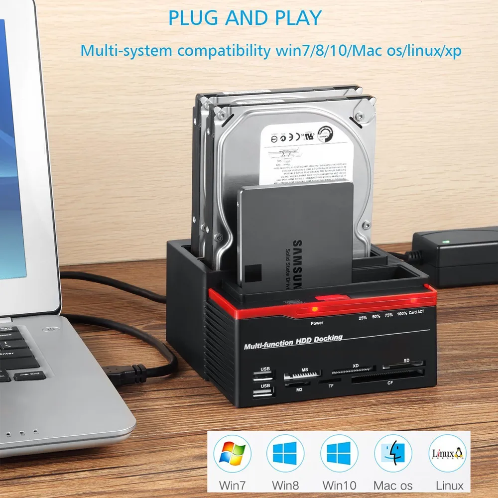 Multi Function External Three Bay USB 3.0 to SATA IDE 2.5" 3.5" Hard Drive SSD Docking Station With 2-Port USB Hub Card Reader
Multi Function External Three Bay USB 3.0 to SATA IDE 2.5" 3.5" Hard Drive SSD Docking Station With 2-Port USB Hub Card Reader