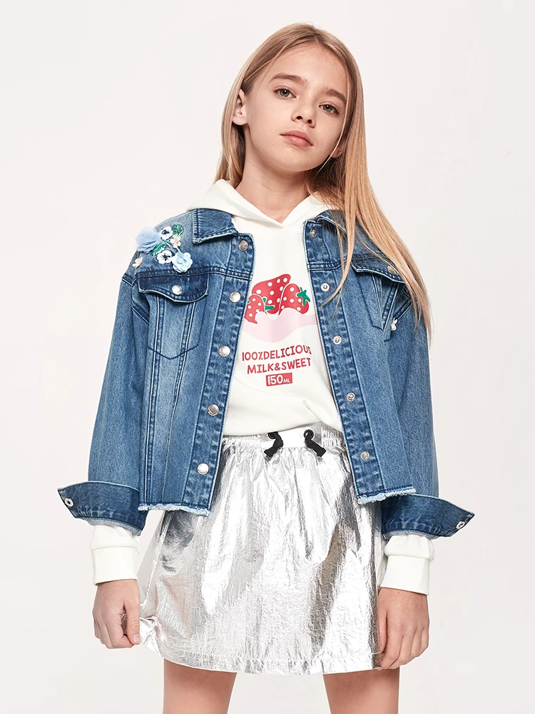 Balabala Girls Denim Jacket with Collar Fashion Jeans Raw-edge Hem Children Teenager Spring Clothes | Детская одежда и обувь