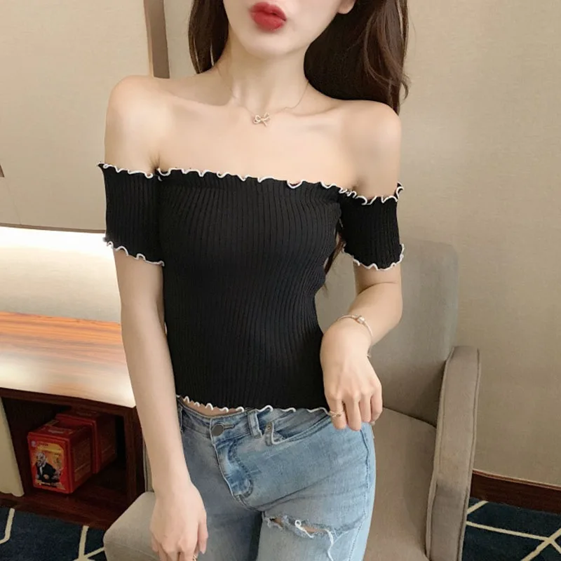 Soild Color Cropped Top Ribbed Short Sleeve Tshirt Sexy Women Off Shoulder T Shirt Slim Bodycon Knitting Tops Chemise Femmer | Женская