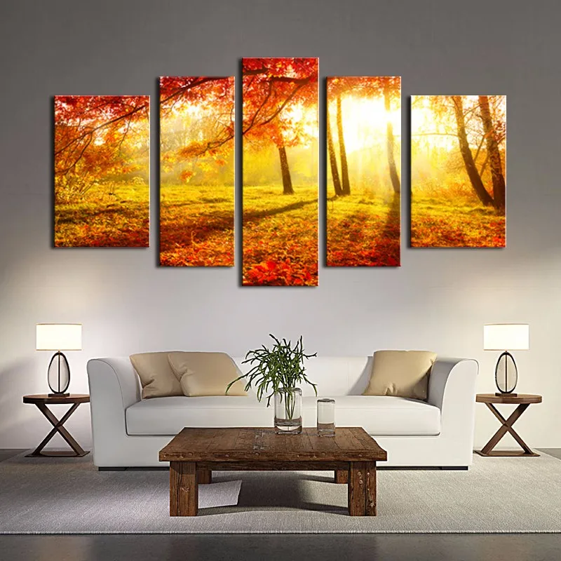 

Modern Wall Art Maple Tree Painting 5 Piece Sunshine in Maple Trees Forest Natural Scenery Painting Unframed