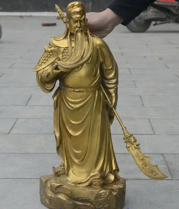 22 "Китайский народный латунный стенд воин Гуань Гун Юй Бог держать палаш статуя