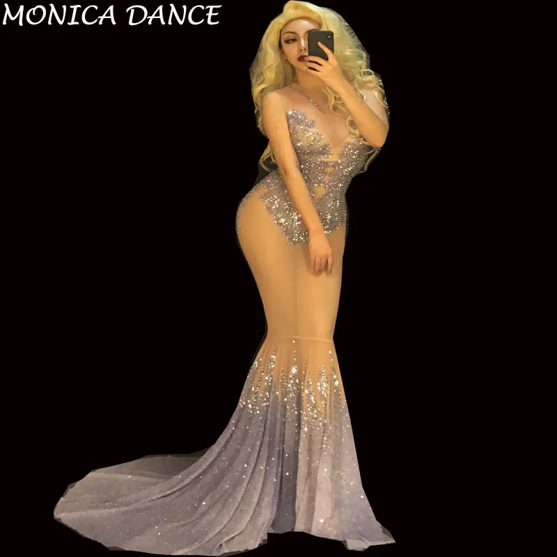 Women Sexy Net Yarn See Through Dress Silver Sparkling Crystals Nightclub Party Stage Wear Birthday Bling Costumes
Women Sexy Net Yarn See Through Dress Silver Sparkling Crystals Nightclub Party Stage Wear Birthday Bling Costumes