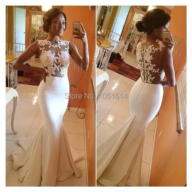 Dazzling White Satin Mermaid Sleeveless High Neck See Through Lace Appliques Sheer See Through Fitted Prom Dress Custom Made
Dazzling White Satin Mermaid Sleeveless High Neck See Through Lace Appliques Sheer See Through Fitted Prom Dress Custom Made